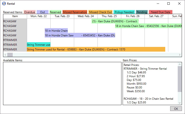 Rental Schedule